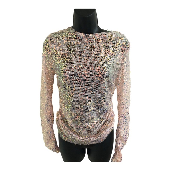 Sans Souci Pink‎ Sequin sheer mesh iridescent shirred side and sleeve top size M - Picture 8 of 11